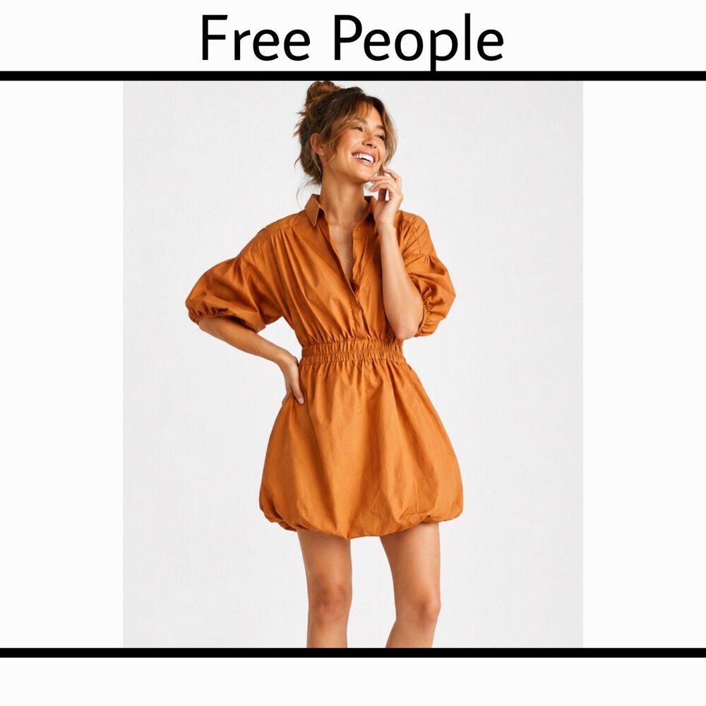 Free People Karolina Poplin Mini Bubble Dress Puff Sleeves Small Copper Brown